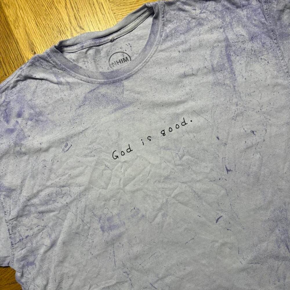 NHIM God Is Good Purple Mineral Wash Christian T-Shirt xL